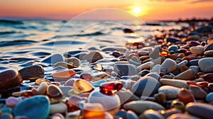 Multi-colored wet pebbles on the seashore against beautiful sunset. Empty pebble beach by the sea, sunset on the horizon