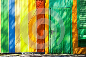 multi-colored wooden wall and door in the house, Kiev, Ukraine