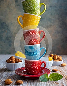Multi- coloured stacking cups