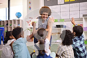 Multi-Cultural Elementary School Pupils With Female Teacher In Geography Class  At School