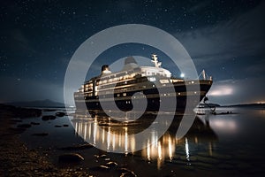 A multi-deck cruise liner floats on the sea surface under the night stars reflected in the water. AI Generated