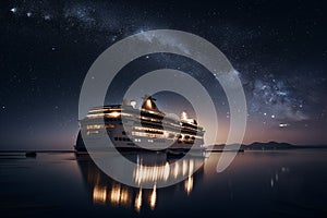 A multi-deck cruise liner floats on the sea surface under the night stars reflected in the water. AI Generated