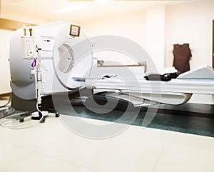 Multi detector CT Scanner  Computed Tomography  on blurred CT Scan room background .