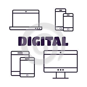 Multi Device Icons: smartphone, tablet, laptop and desktop computer. Vector illustration of responsive web design