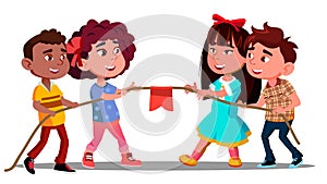 Multi-Ethnic Boys And Girls Pull The Rope In Team Game Vector. Isolated Illustration