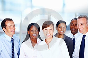 Multi ethnic business people cheering their team leader. Group of multi ethnic business people cheering their team