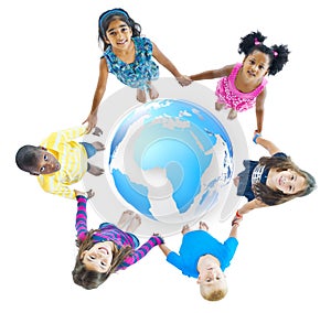 Multi-Ethnic Children Holding Hands Around Globe photo