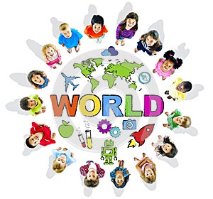 Multi-Ethnic Children with Text World and Related Symbols