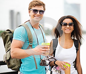 Multi-ethnic couple tourists in a city