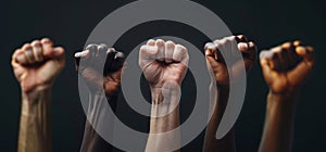 Multi ethnic fists raised up in sign of protest and social unrest, cut out, isolated on black background.