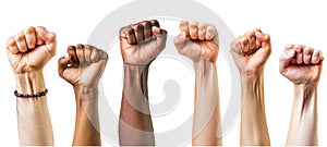 Multi ethnic fists raised up in sign of protest and social unrest, cut out, isolated on transparent background. photo