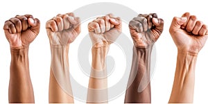 Multi ethnic fists raised up in sign of protest and social unrest, cut out, isolated on transparent background. photo