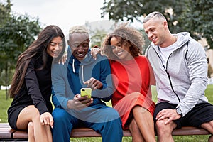 Multi ethnic friends outdoor. Diverse group people Afro american asian caucasian spending time together