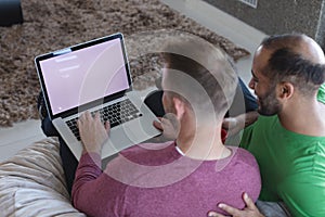 Multi ethnic gay male couple sitting on couch using laptop with copy space on screen at home