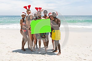 Multi-ethnic group of friends holding a empty green placard at beach on a sunny day