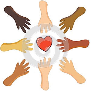 Multi ethnic group holding hands to heart. Unity, support and collaboration concept