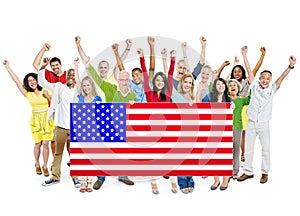 Multi-Ethnic Group Of People With American Flag