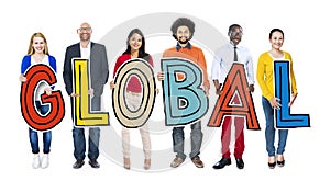 Multi-Ethnic Group of People Holding Text Global