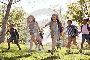 Multi-ethnic group of schoolchildren running in the park