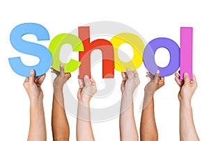 Multi Ethnic People Holding The Word School