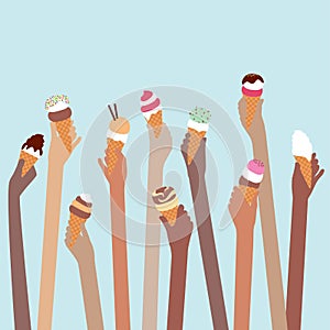 Multi ethnic people with ice cream cones full of summer icecream