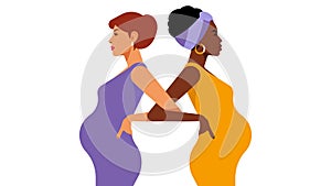 Multi-ethnic pregnant women. Black and white women are expecting a baby. The concept of multinationality, ethnic diversity and the