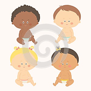 Multi-ethnic set of four babies sitting. Toddler girls and boys.