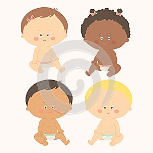 Multi-ethnic set of four babies sitting. Toddler girls and boys. Cartoon vector hand drawn eps 10 illustration isolated