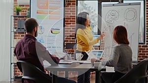 Multi ethnic team meeting in boardroom to discuss presentation