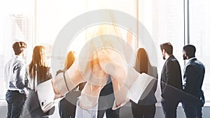 Multi exposure of business team high five with group of colleagues