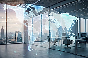Multi exposure of world map hologram in modern office interior photo