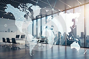 Multi exposure of world map hologram in modern office interior photo