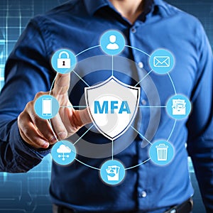 MFA security shield: protecting identity, cloud data, and mobile access from threats.