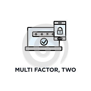 multi factor, two steps authentication, online access control icon, symbol of mobile phone with lock, password and authorization