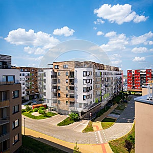 Multi-family building, aerial view. Viaw of block of flats in suburban area.