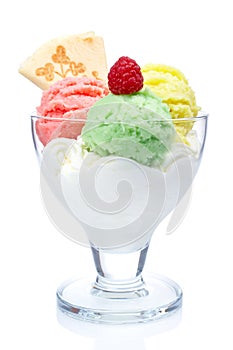 Multi flavor ice cream in glass bowl photo