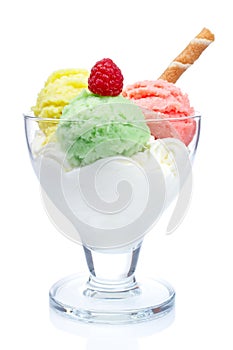 Multi flavor ice cream in glass bowl photo