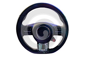 Multi-function car steering wheel, black leather, safety control system Isolated from the background in white background