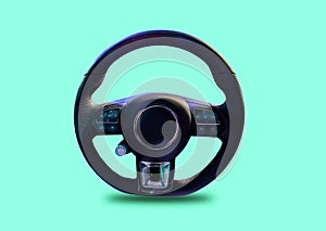 Multi-function car steering wheel, black leather, safety control system Isolated from the background in white background