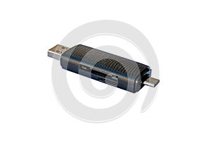Multi-functional USB card reader with USB-A and USB-C connectors, supporting SD and microSD cards for fast data transfer