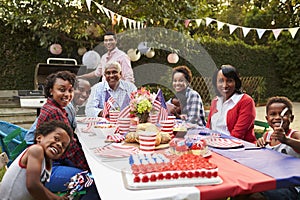 Multi generation black family having a 4th July garden party photo