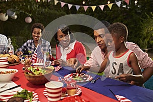 Multi generation black family members at a 4th July barbecue