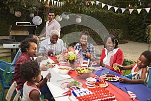 Multi generation black family at table for 4th July barbecue photo