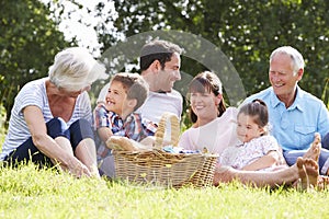 Multi Generation Family Enjoying Picnic In Countryside