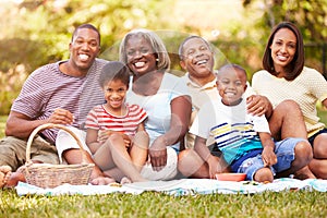 Multi Generation Family Enjoying Picnic In Garden Together