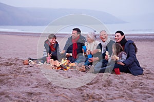 Multi Generation Family Having Barbeque On Winter Beach