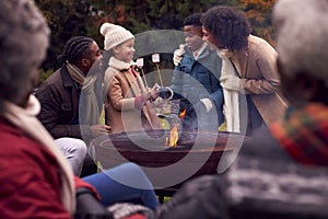 Multi-Generation Family Having Fun Toasting Marshmallows In Autumn Garden Together