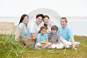 Multi Generation Family Having Picnic By Sea