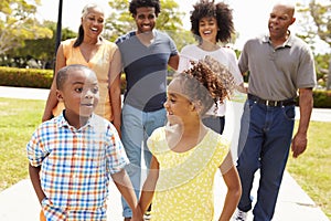 Multi Generation Family Walking In Park Together