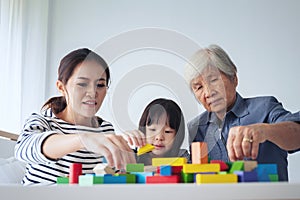 Multi-generation Female members of a family play wooden cubes co